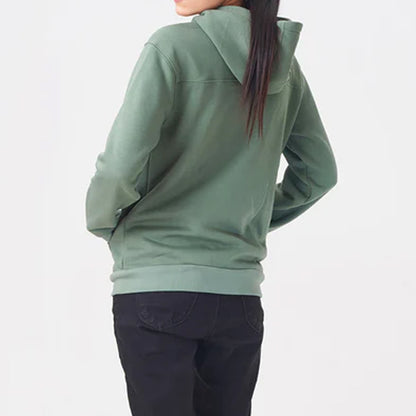 Person wearing a green hoodie on a white background