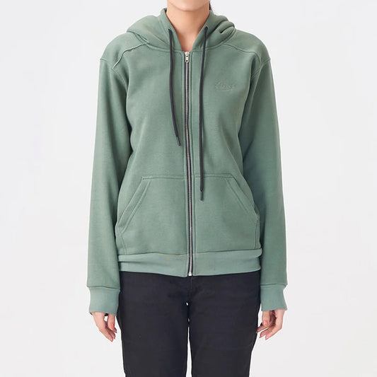 Green hoodie with a brand logo on a white background