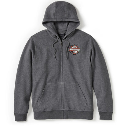 Gray hoodie with a logo on the chest against a white background