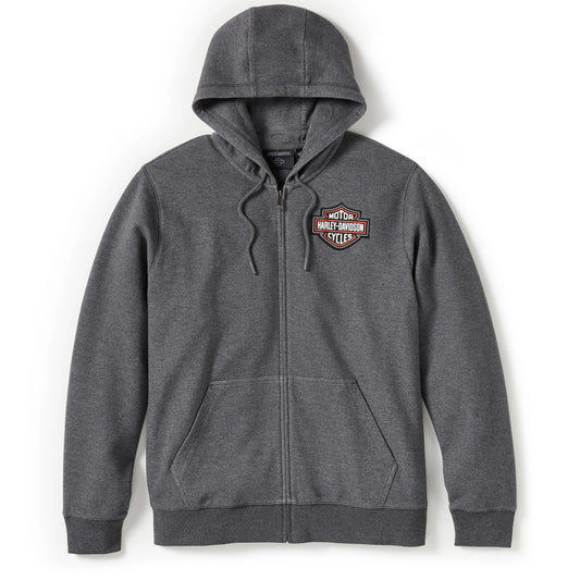 Gray hoodie with a logo on the chest against a white background