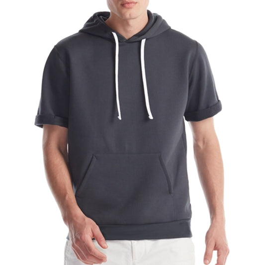 Person wearing a dark gray hoodie with white drawstrings on a white background