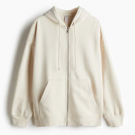 Women Light Beige Oversized Zip Up Hoodie