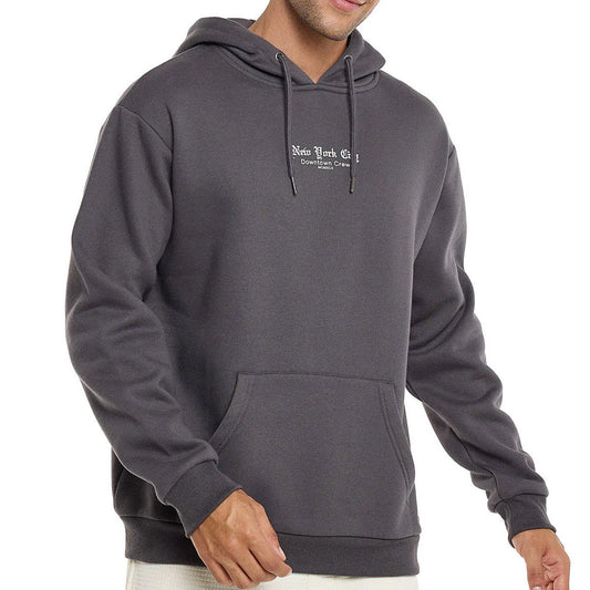 Gray hoodie with a brand logo on a white background