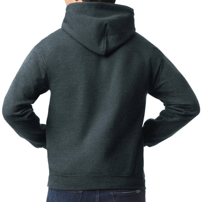 Person wearing a dark gray hoodie from behind on a white background