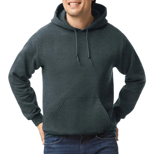 Person wearing a dark green hoodie on a white background