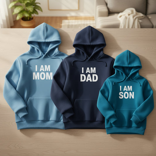 Three hoodies labeled 'I AM MOM', 'I AM DAD', and 'I AM SON' on a wooden surface.