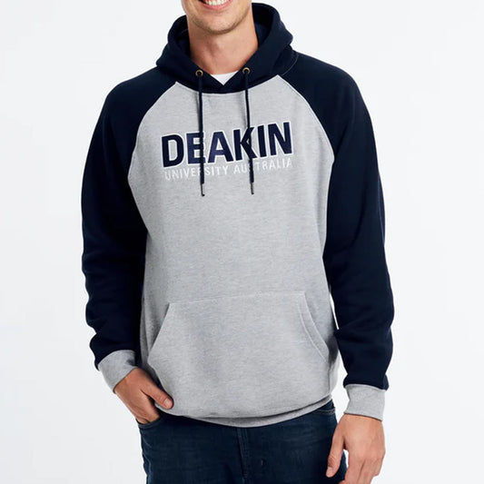 Person wearing a gray and navy hoodie with 'Deakin University Australia' text on a white background