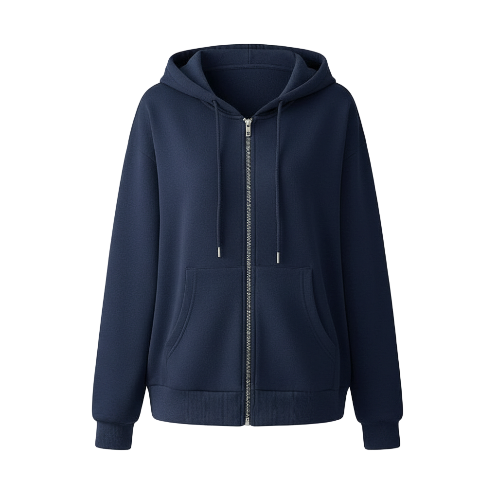 Felpa casual con cappuccio e cerniera, manica lunga, blu navy, da donna