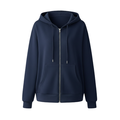 Felpa casual con cappuccio e cerniera, manica lunga, blu navy, da donna