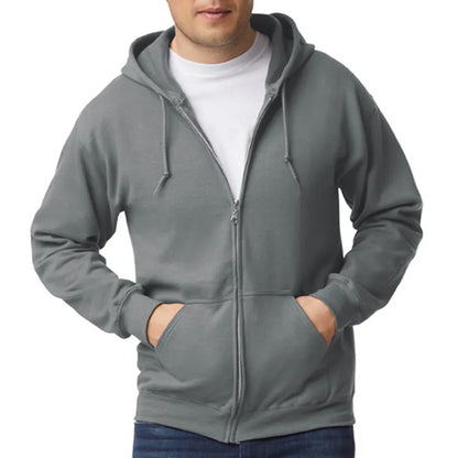 Person wearing a gray hoodie on a white background