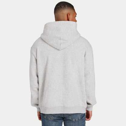 Person wearing a gray hoodie from behind on a white background