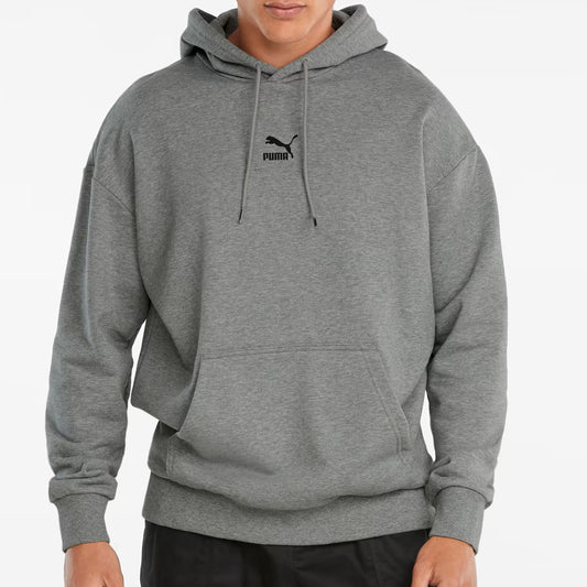 Gray hoodie with a brand logo on a white background