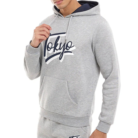 Gray hoodie with 'Tokyo' text on a white background