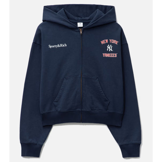 Navy blue hoodie with Sporty&Rich and New York Yankees logos on a white background