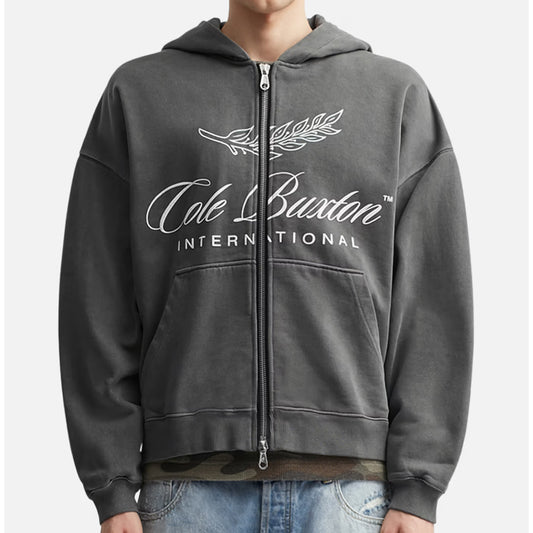 Gray hoodie with 'Cole Buxton International' logo on a white background