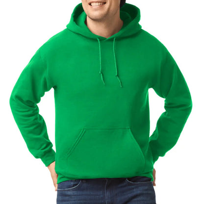 Person wearing a green hoodie on a white background