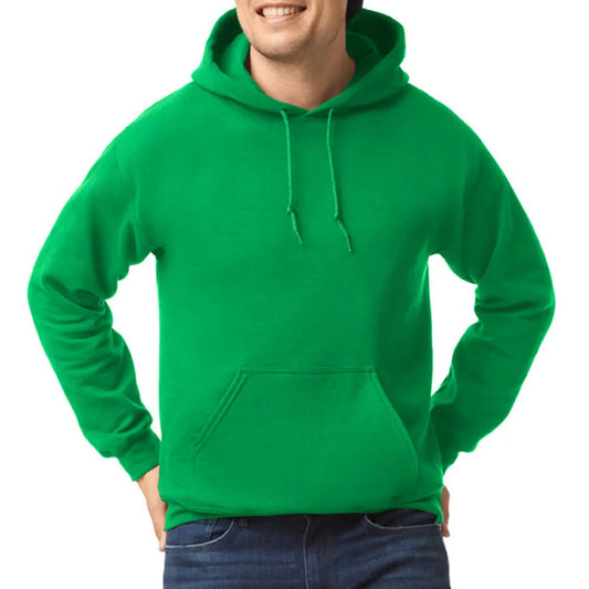 Person wearing a green hoodie on a white background