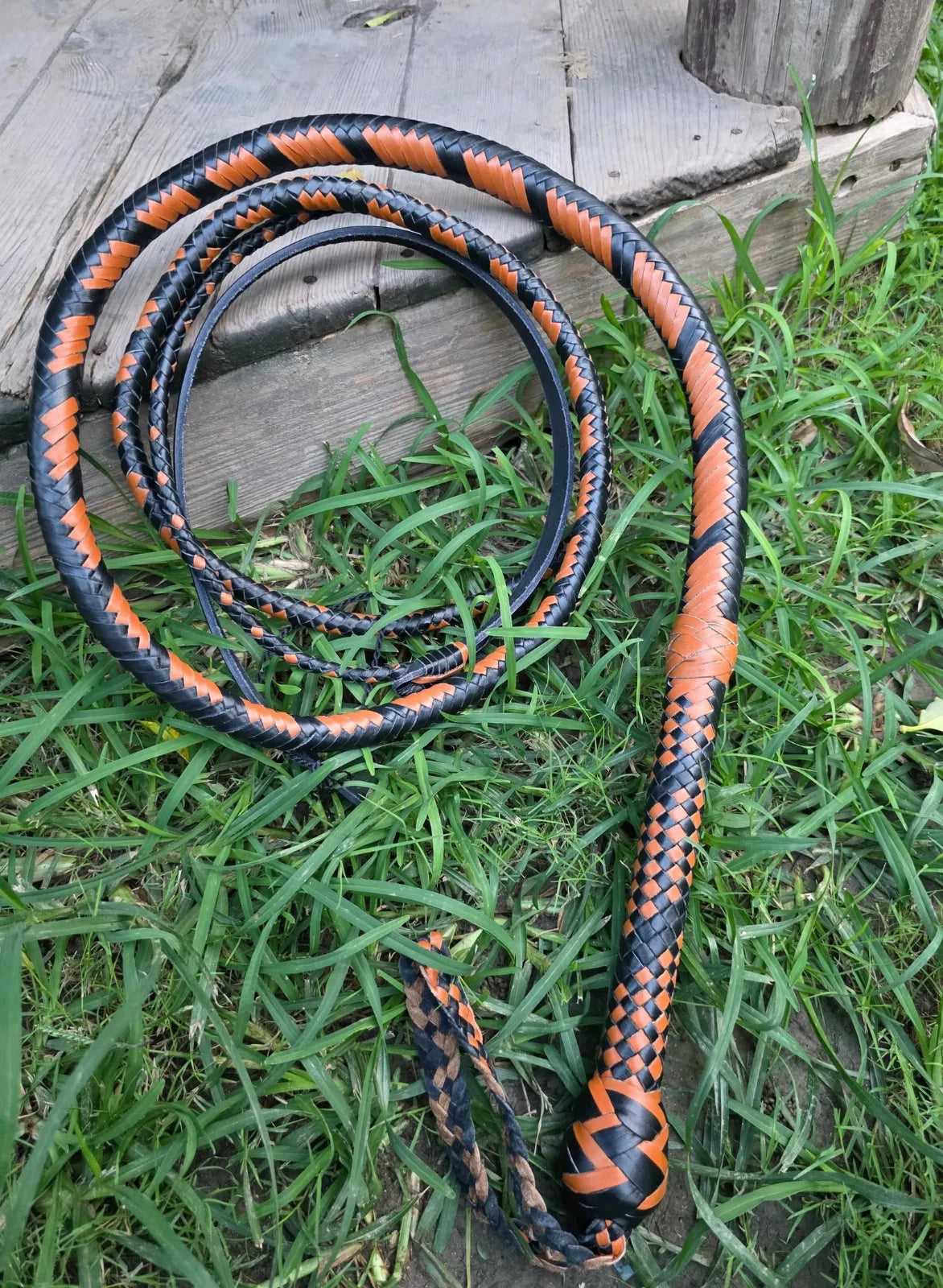 Black and orange braided rope on grass