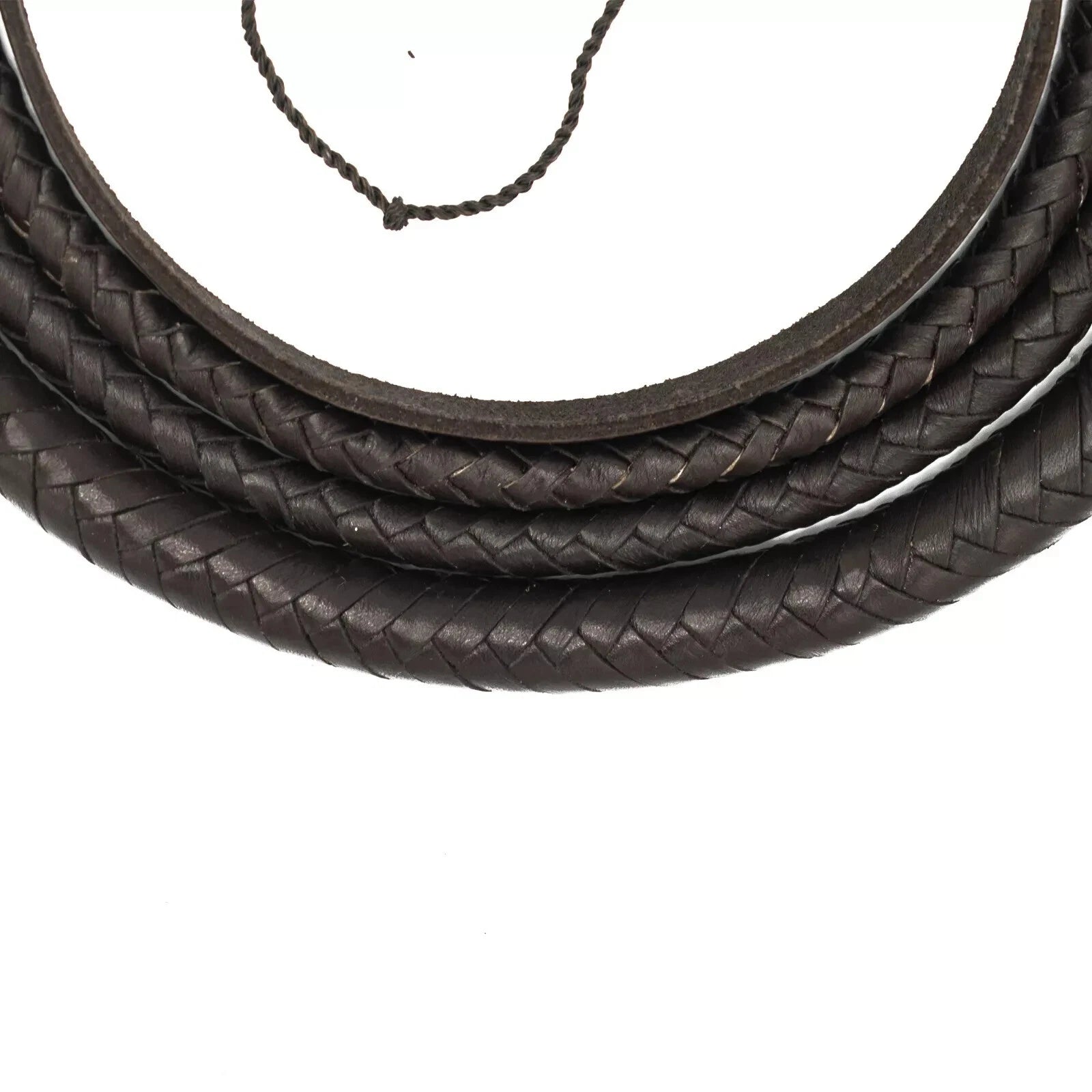 Braided brown leather cord on a white background