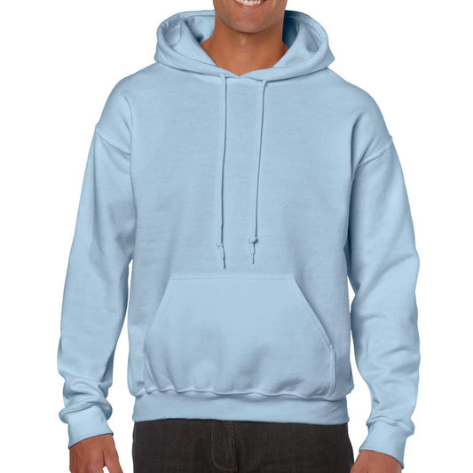 Light blue hoodie worn by a person on a white background