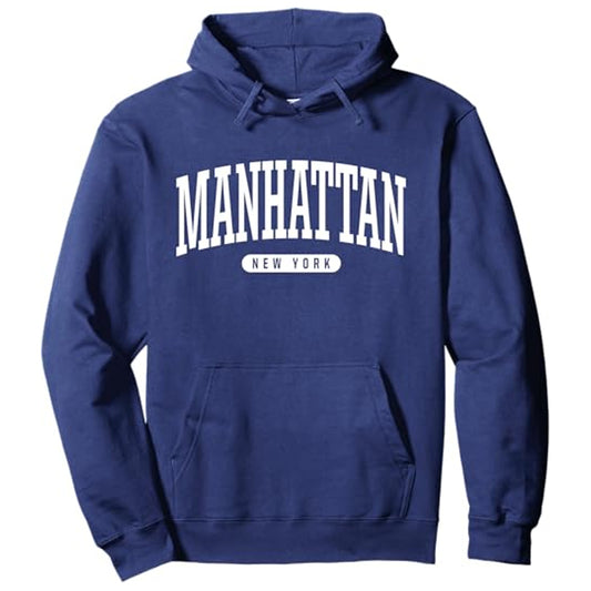 Blue hoodie with 'Manhattan New York' text on a white background