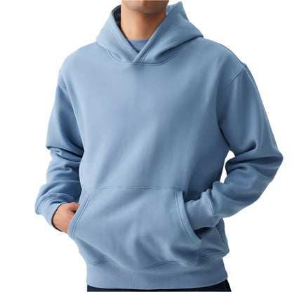 Light blue hoodie worn by a person on a white background