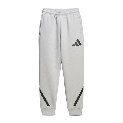 Gray sweatpants with black stripes and logo on a white background