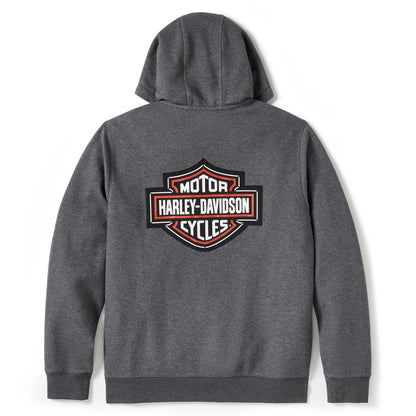 Gray hoodie with Harley-Davidson logo on the back against a white background
