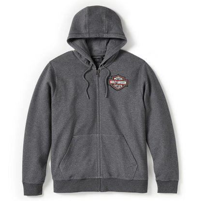 Gray hoodie with a logo on a white background