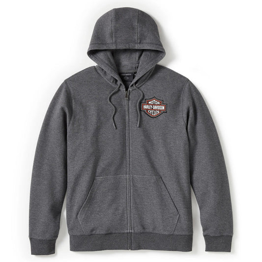 Gray hoodie with a logo on a white background