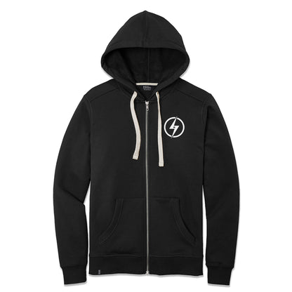 Black hoodie with a white logo on a white background