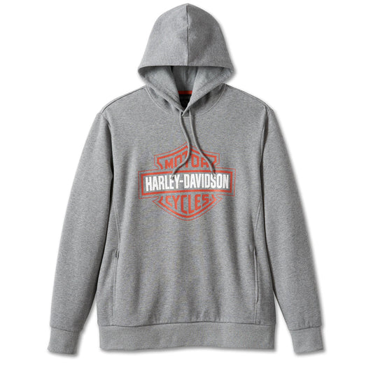 Gray hoodie with red and white 'Harley-Davidson' logo on a white background