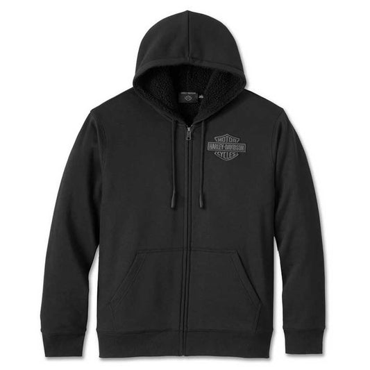 Black hoodie with a logo on the chest against a white background