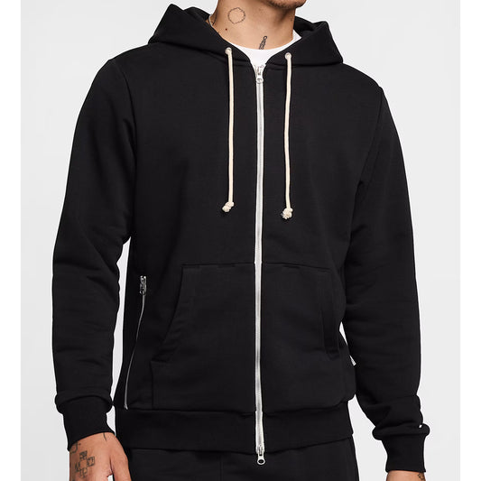 Black hoodie with a white zipper on a white background