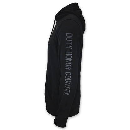 Black hoodie with 'Duty Honor Country' text on a white background