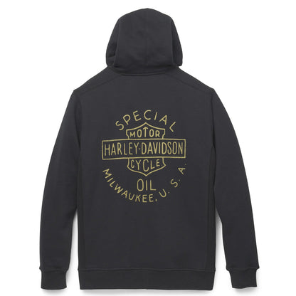 Black hoodie with gold text on the back on a white background