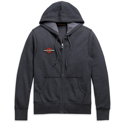 Gray hoodie with a logo on the chest against a white background