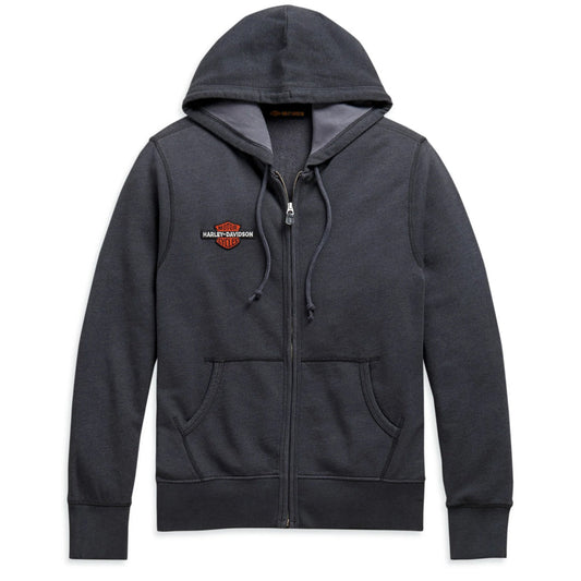 Gray hoodie with a logo on the chest against a white background
