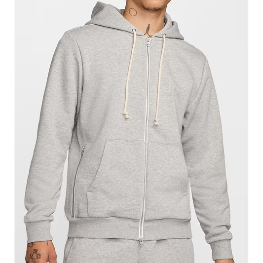 Gray hoodie with a white zipper on a plain background