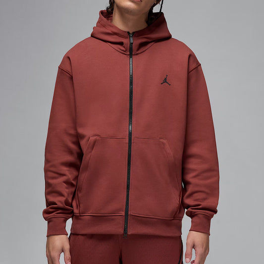 Red hoodie with a brand logo on a gray background