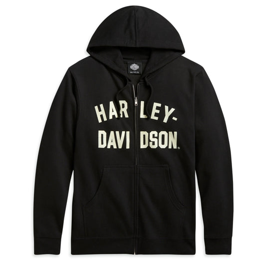 Black hoodie with 'Harley Davidson' text on a white background