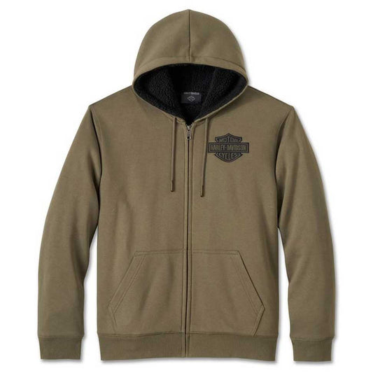 Khaki hoodie with a brand logo on a white background
