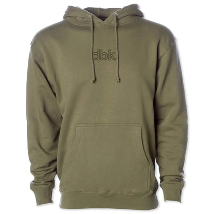Green hoodie with 'dbk' logo on a white background