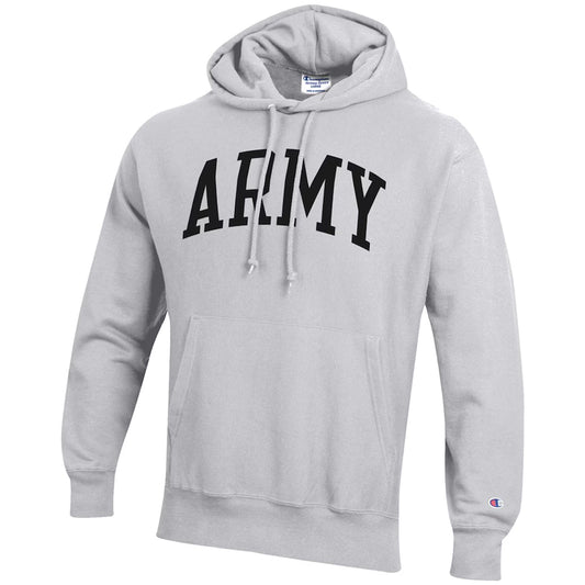 Gray hoodie with 'ARMY' text on a white background