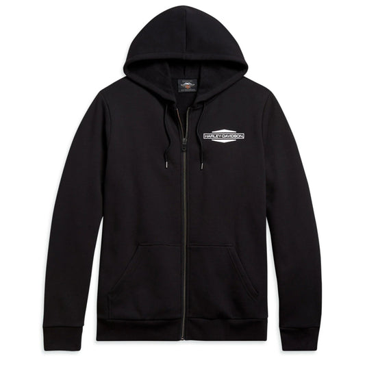 Black hoodie with a logo on the chest against a white background