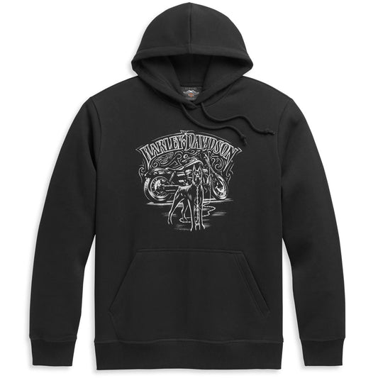 Black hoodie with a graphic design on a white background