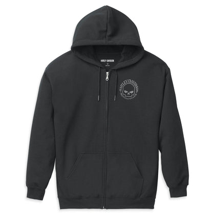 Black hoodie with a logo on the chest against a white background