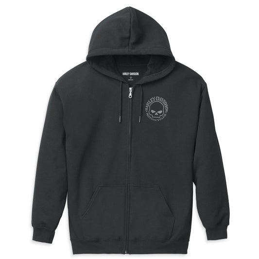 Black hoodie with a logo on the chest against a white background