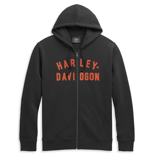 Black hoodie with red 'Harley Davidson' text on a white background