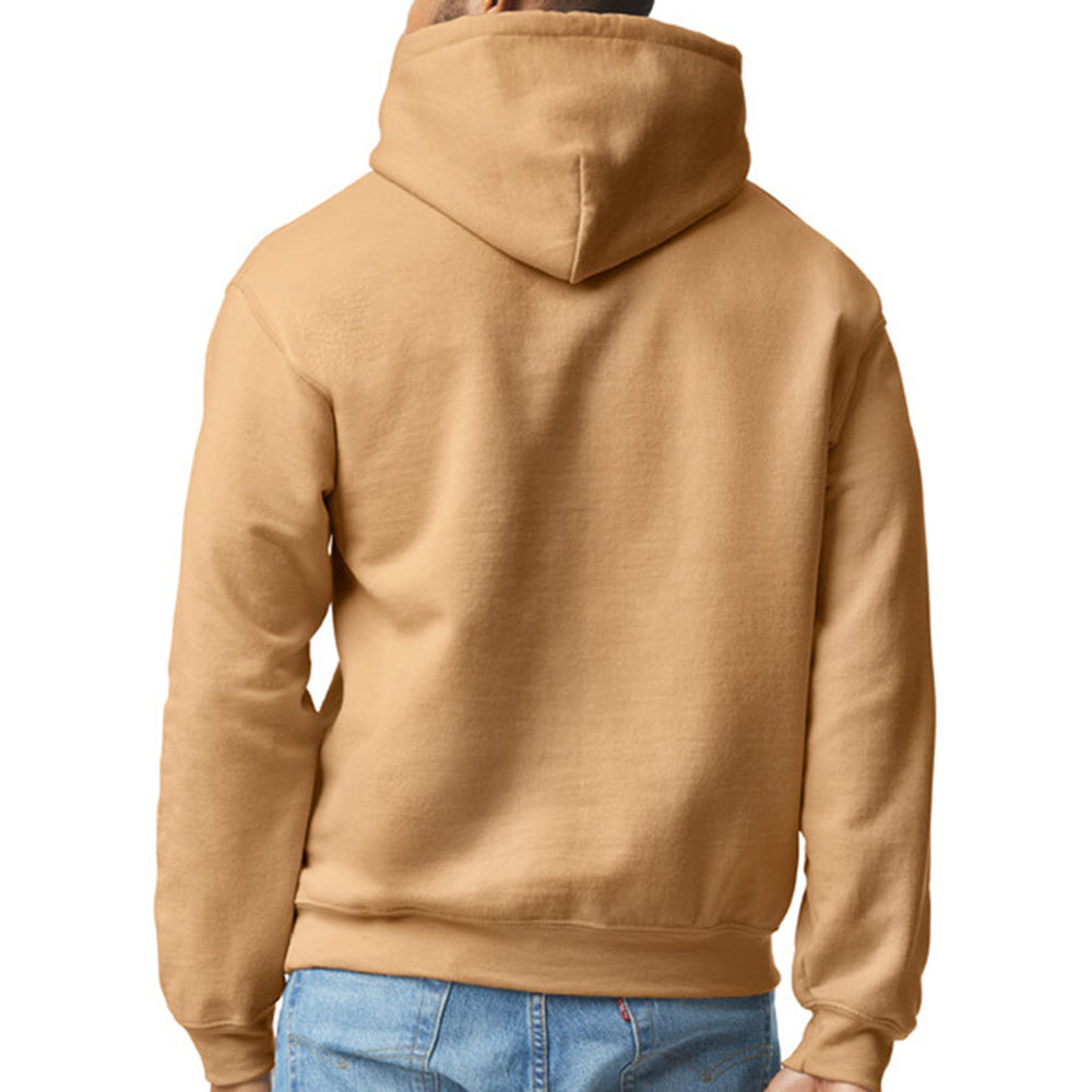 Brown hoodie worn by a person on a white background